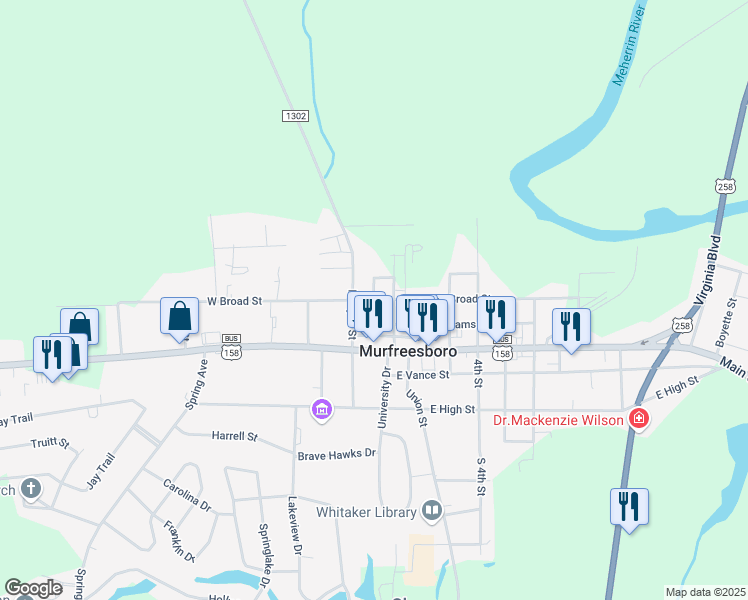 map of restaurants, bars, coffee shops, grocery stores, and more near 100 East Broad Street in Murfreesboro