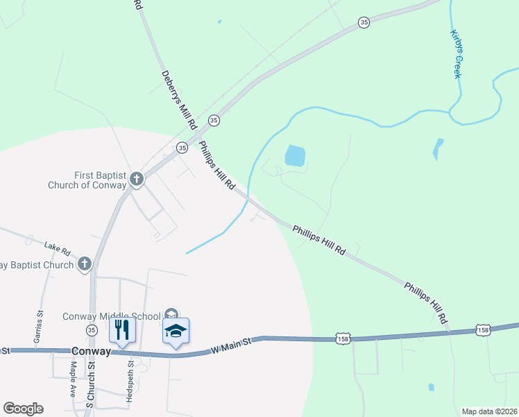 map of restaurants, bars, coffee shops, grocery stores, and more near 400 Wood Court in Conway