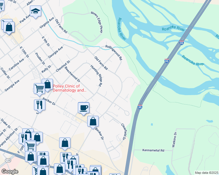 map of restaurants, bars, coffee shops, grocery stores, and more near 110 Berrywood Court in Roanoke Rapids