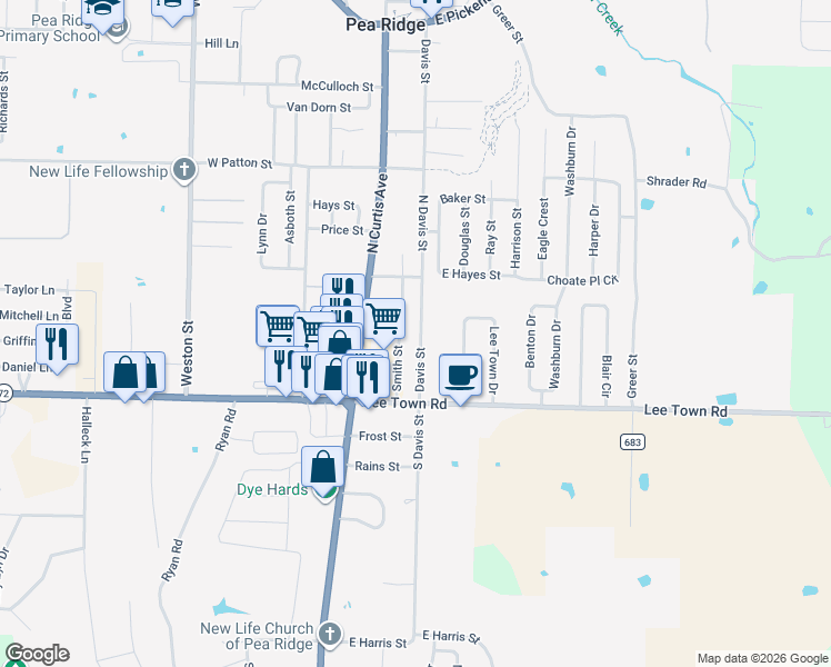 map of restaurants, bars, coffee shops, grocery stores, and more near 280 Smith Street in Pea Ridge
