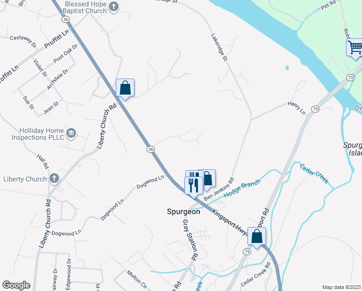 map of restaurants, bars, coffee shops, grocery stores, and more near 5863 Fort Henry Dr in Kingsport