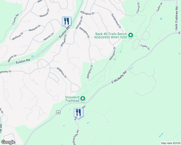map of restaurants, bars, coffee shops, grocery stores, and more near 82 Rillington Drive in Bella Vista