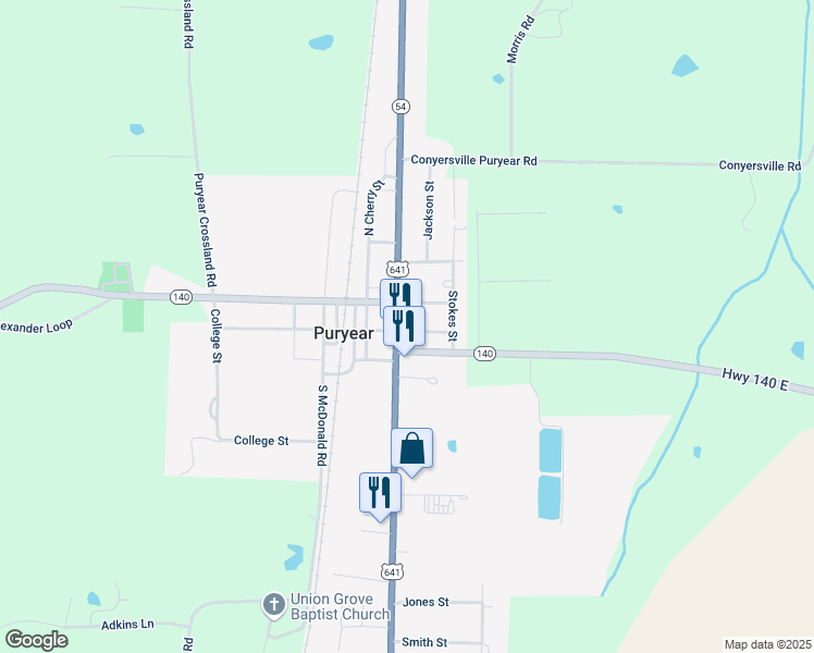 map of restaurants, bars, coffee shops, grocery stores, and more near 213 East Main Street in Puryear