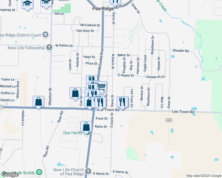 map of restaurants, bars, coffee shops, grocery stores, and more near 280 Smith Street in Pea Ridge