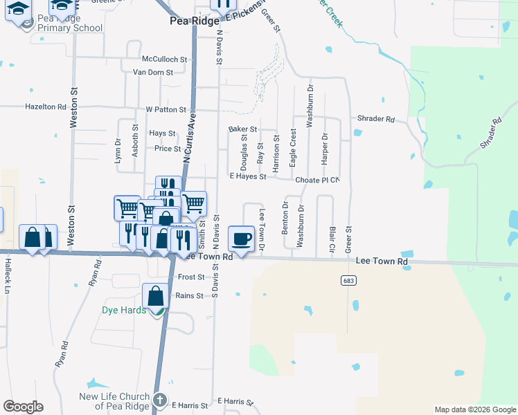 map of restaurants, bars, coffee shops, grocery stores, and more near 610 Lee Town Drive in Pea Ridge
