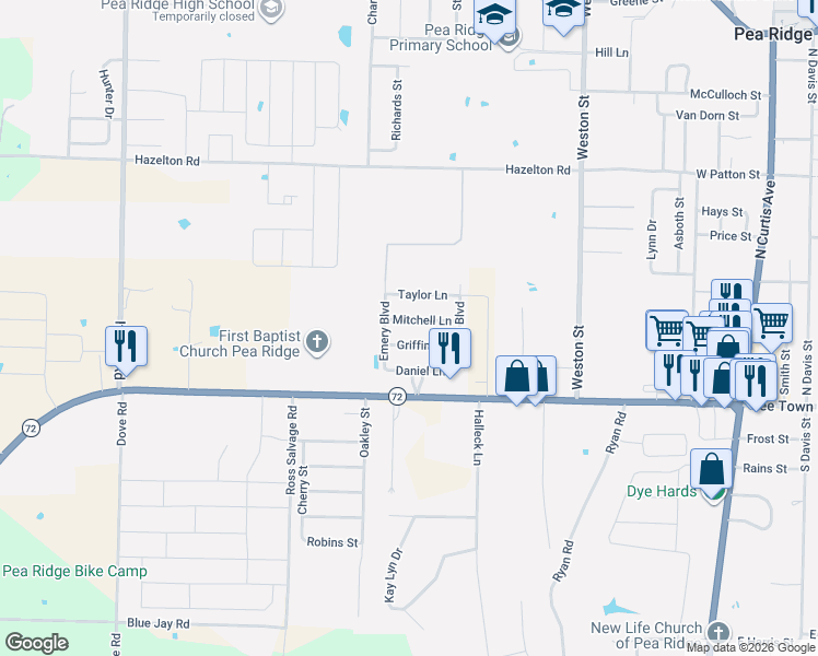 map of restaurants, bars, coffee shops, grocery stores, and more near 1103 Griffin Lane in Pea Ridge