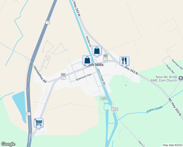 map of restaurants, bars, coffee shops, grocery stores, and more near in South Mills
