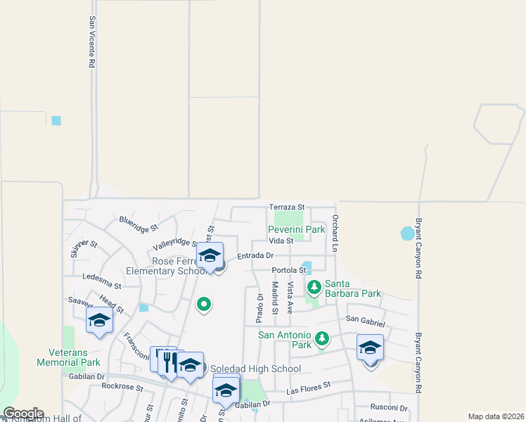map of restaurants, bars, coffee shops, grocery stores, and more near 1373 Madera Street in Soledad