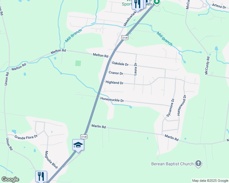 map of restaurants, bars, coffee shops, grocery stores, and more near 180 Honeysuckle Drive in White House