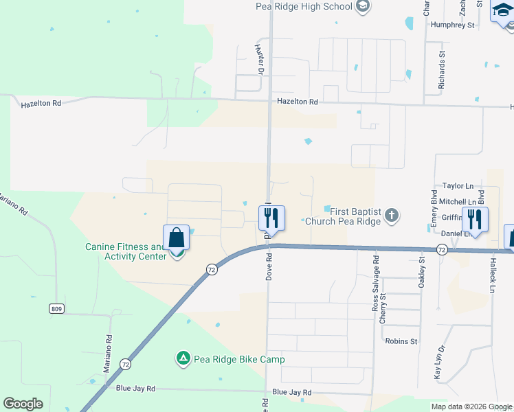map of restaurants, bars, coffee shops, grocery stores, and more near 14511 It'll Do Road in Pea Ridge