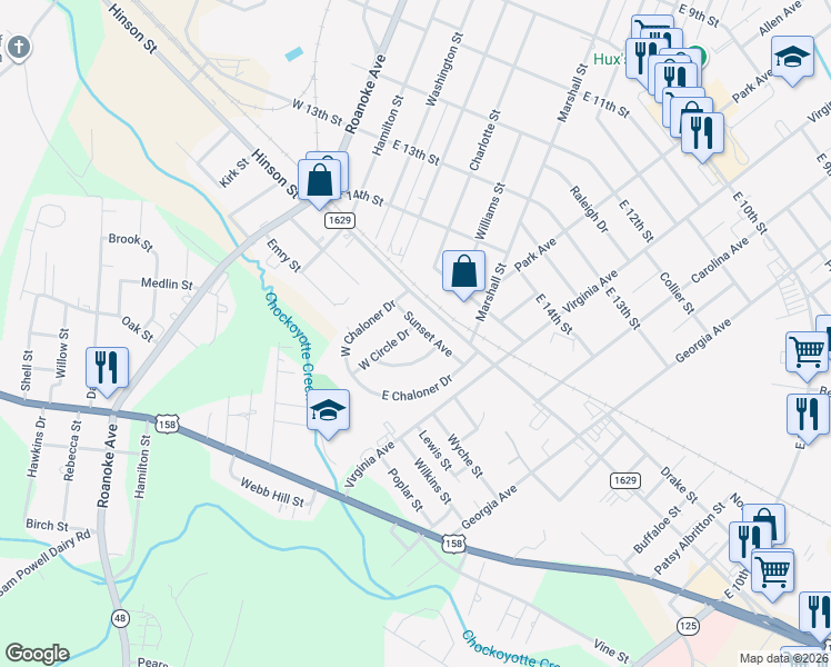 map of restaurants, bars, coffee shops, grocery stores, and more near 436 Sunset Avenue in Roanoke Rapids