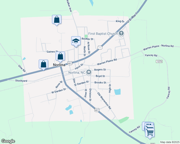 map of restaurants, bars, coffee shops, grocery stores, and more near 408 Division Street in Norlina