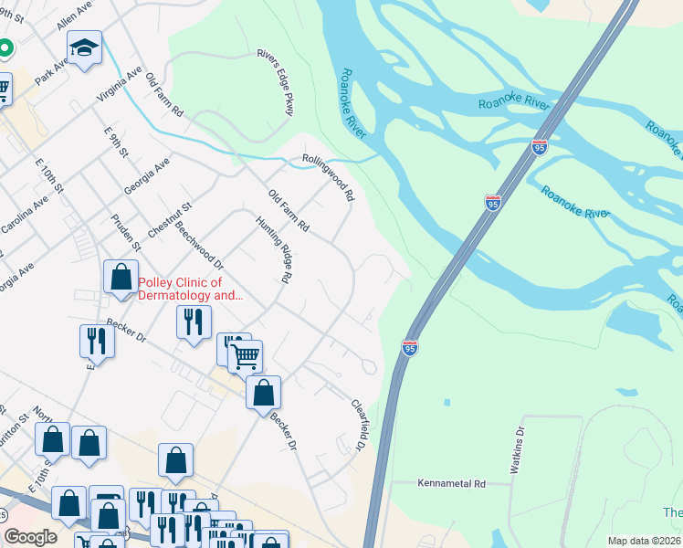 map of restaurants, bars, coffee shops, grocery stores, and more near 105 Berrywood Court in Roanoke Rapids