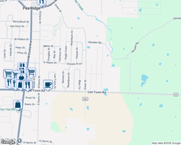 map of restaurants, bars, coffee shops, grocery stores, and more near 207 Greer Street in Pea Ridge