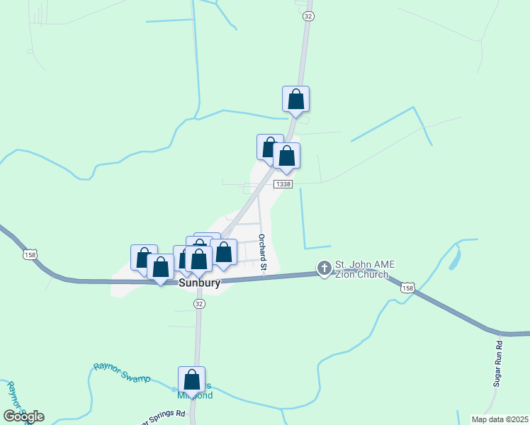 map of restaurants, bars, coffee shops, grocery stores, and more near 43 Orchard Street in Sunbury