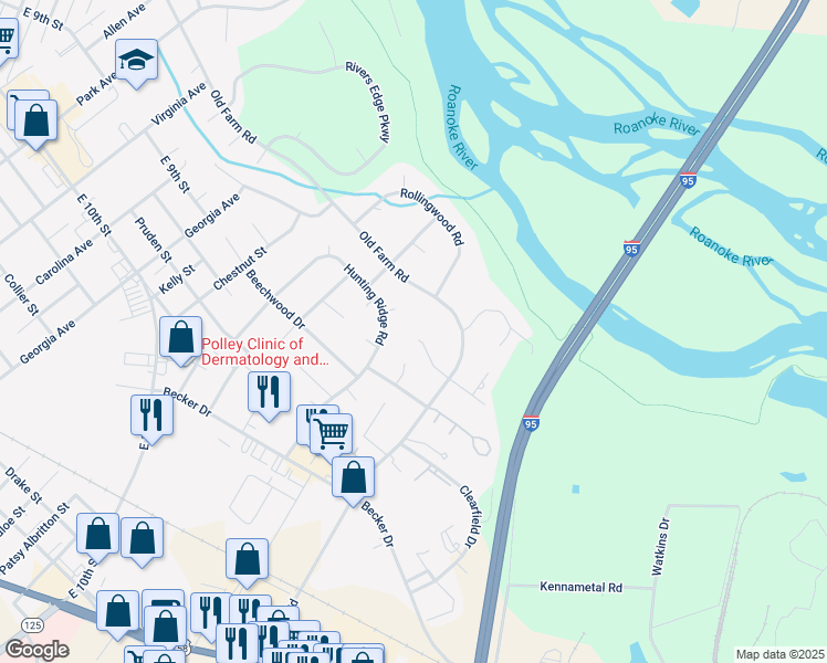 map of restaurants, bars, coffee shops, grocery stores, and more near 110 Berrywood Court in Roanoke Rapids