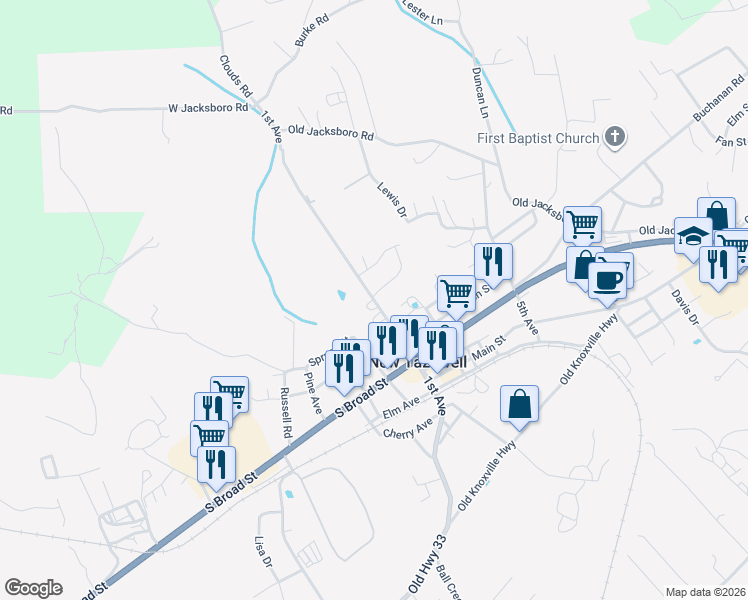 map of restaurants, bars, coffee shops, grocery stores, and more near 1st Avenue in New Tazewell