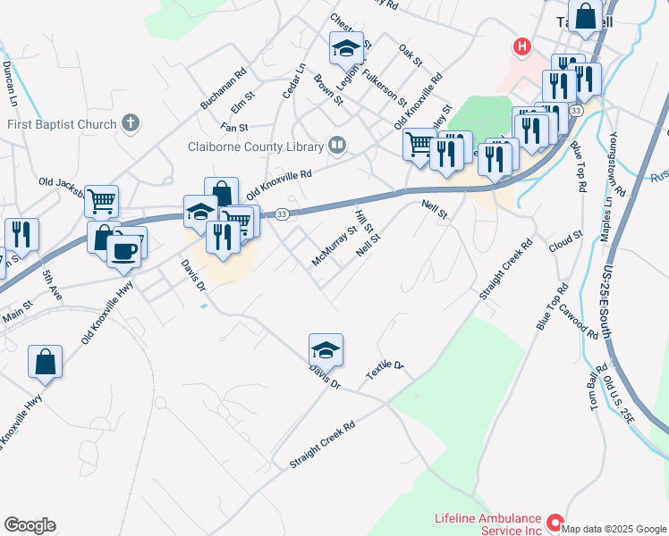 map of restaurants, bars, coffee shops, grocery stores, and more near 1101 McMurray Street in Tazewell