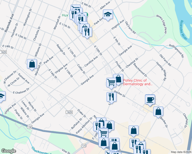map of restaurants, bars, coffee shops, grocery stores, and more near 1104 Georgia Avenue in Roanoke Rapids