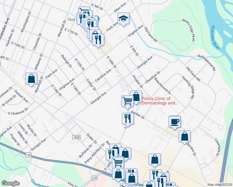 map of restaurants, bars, coffee shops, grocery stores, and more near 1104 Georgia Avenue in Roanoke Rapids