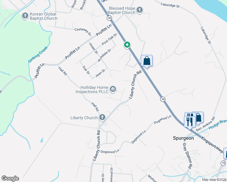 map of restaurants, bars, coffee shops, grocery stores, and more near 6317 Booth Court in Kingsport