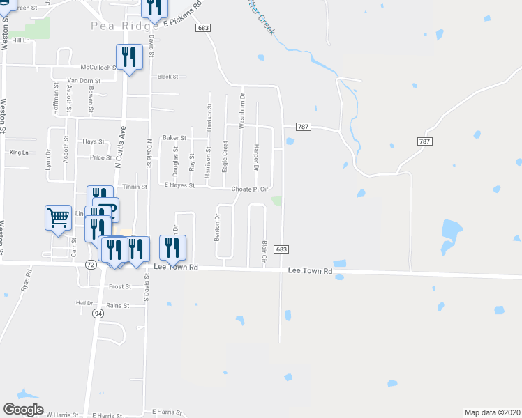 map of restaurants, bars, coffee shops, grocery stores, and more near 500 Blair Circle in Pea Ridge