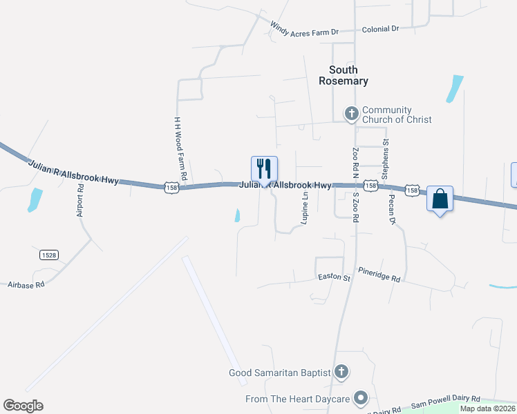 map of restaurants, bars, coffee shops, grocery stores, and more near 34 Buttercup Ln in Roanoke Rapids