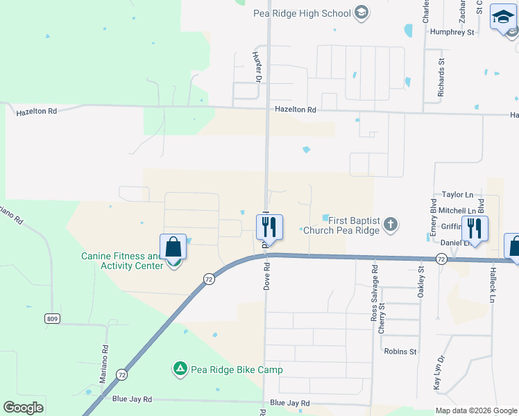 map of restaurants, bars, coffee shops, grocery stores, and more near 14511-14735 It'll Do Road in Pea Ridge