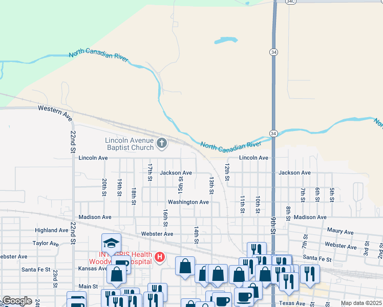 map of restaurants, bars, coffee shops, grocery stores, and more near 214 15th Street in Woodward