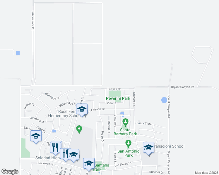 map of restaurants, bars, coffee shops, grocery stores, and more near 827 Terraza Street in Soledad
