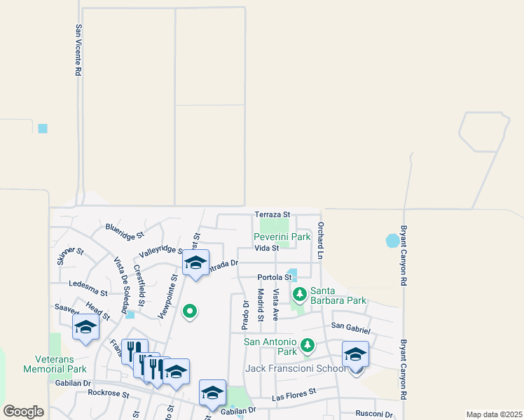 map of restaurants, bars, coffee shops, grocery stores, and more near 827 Terraza Street in Soledad
