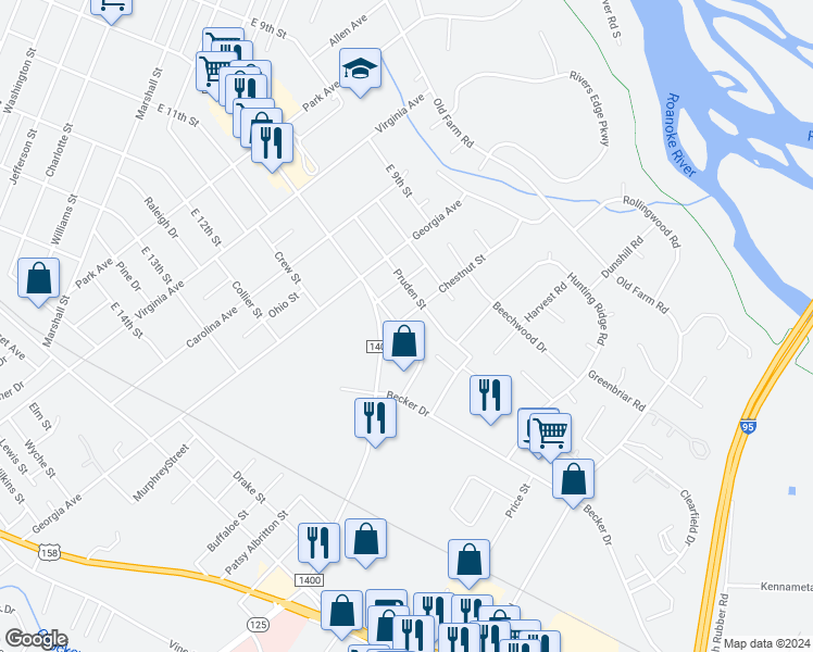 map of restaurants, bars, coffee shops, grocery stores, and more near 209 Long Circle in Roanoke Rapids