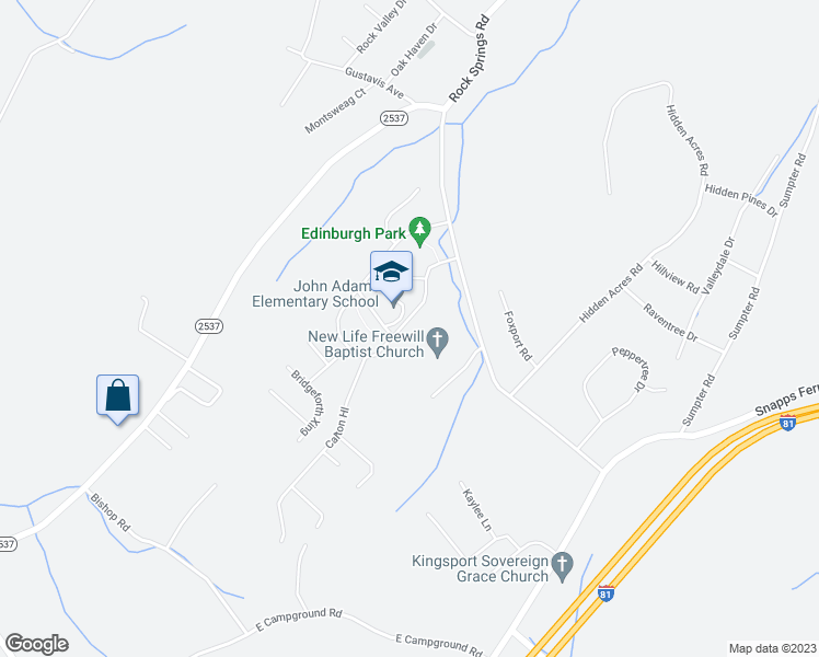 map of restaurants, bars, coffee shops, grocery stores, and more near 2728 Edinburgh Channel Road in Kingsport