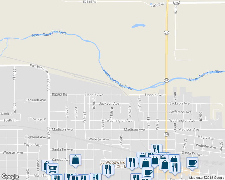 map of restaurants, bars, coffee shops, grocery stores, and more near 214 15th Street in Woodward
