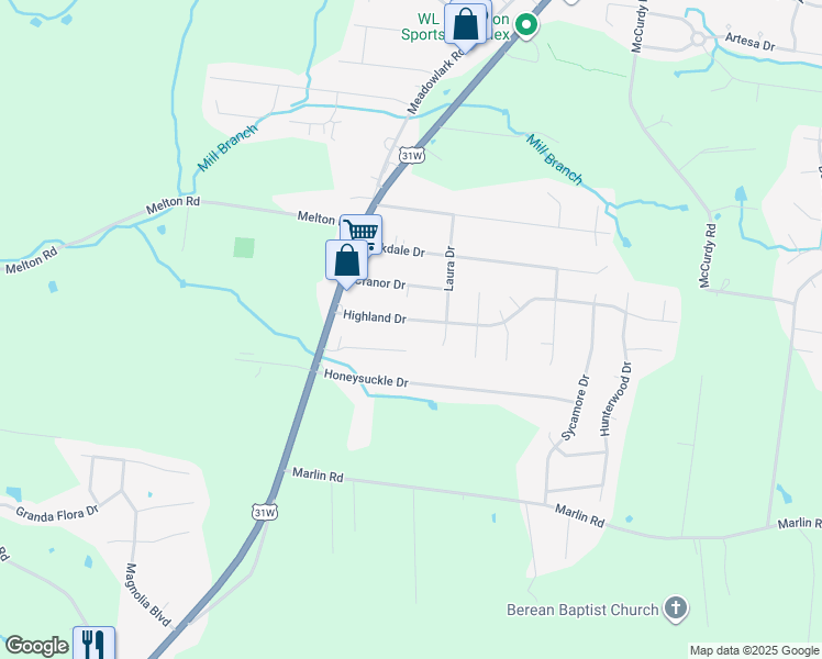 map of restaurants, bars, coffee shops, grocery stores, and more near 117 Highland Drive in White House