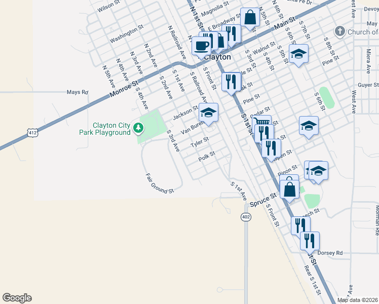 map of restaurants, bars, coffee shops, grocery stores, and more near 210 Tyler Street in Clayton