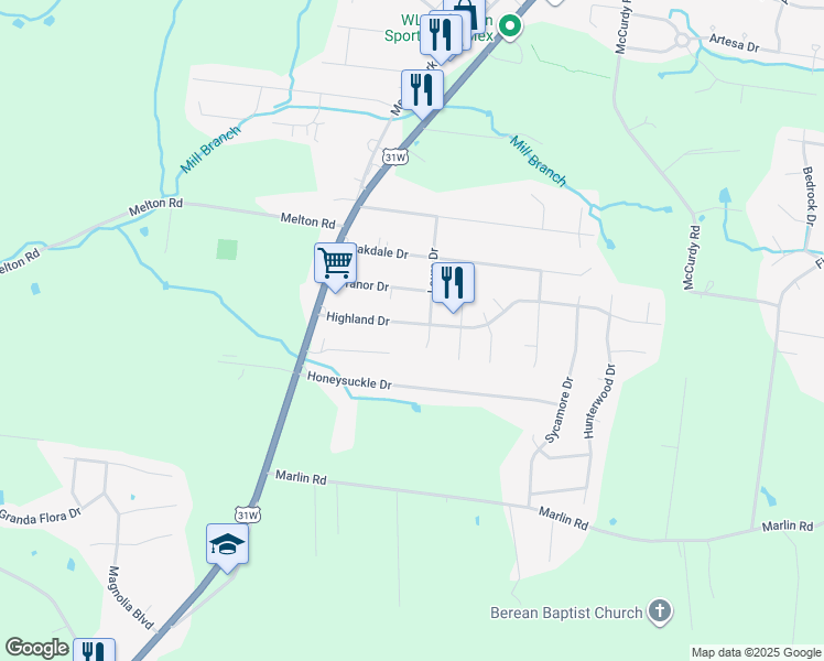 map of restaurants, bars, coffee shops, grocery stores, and more near 117 Highland Drive in White House