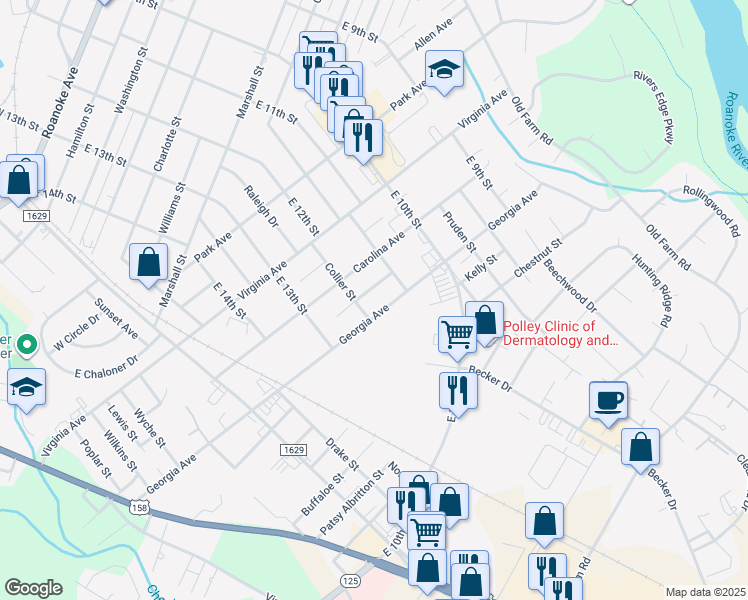 map of restaurants, bars, coffee shops, grocery stores, and more near 1112 Ohio Street in Roanoke Rapids