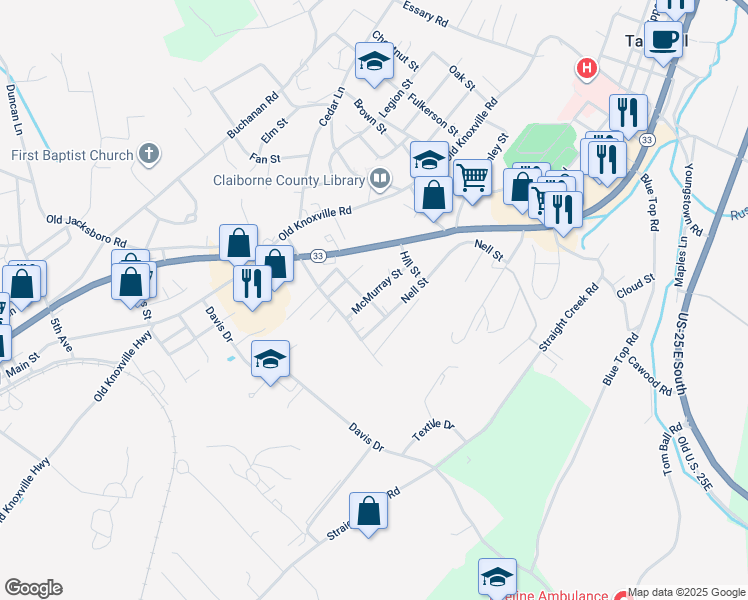 map of restaurants, bars, coffee shops, grocery stores, and more near 1101 McMurray Street in Tazewell