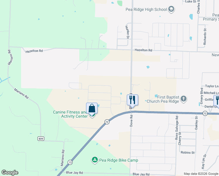 map of restaurants, bars, coffee shops, grocery stores, and more near 14887 It'll Do Road in Pea Ridge