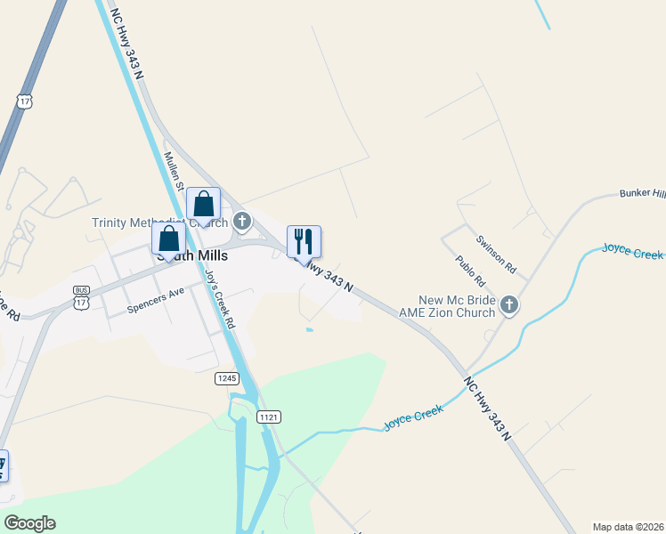 map of restaurants, bars, coffee shops, grocery stores, and more near 1370 Highway 343 in South Mills