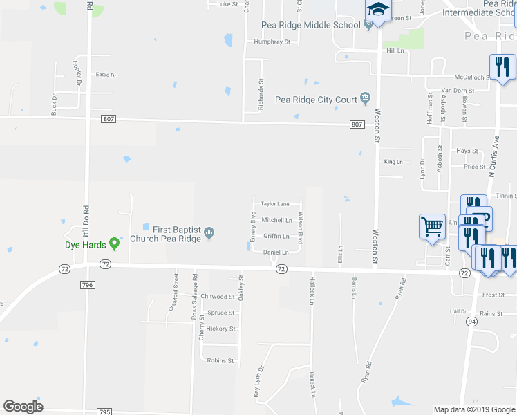 map of restaurants, bars, coffee shops, grocery stores, and more near 1107 Taylor Lane in Pea Ridge