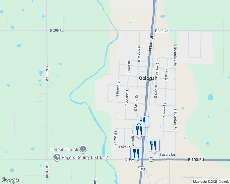 map of restaurants, bars, coffee shops, grocery stores, and more near 230 South Walnut Street in Oologah