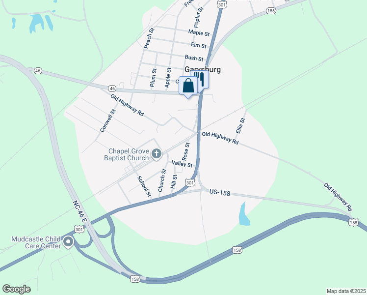 map of restaurants, bars, coffee shops, grocery stores, and more near 103 Rose Street in Garysburg