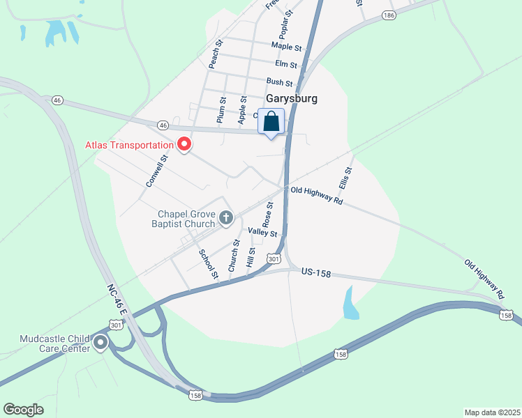 map of restaurants, bars, coffee shops, grocery stores, and more near 103 Rose Street in Garysburg