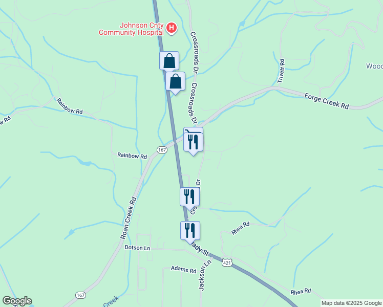 map of restaurants, bars, coffee shops, grocery stores, and more near 2291 South Shady Street in Mountain City