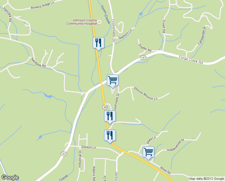 map of restaurants, bars, coffee shops, grocery stores, and more near 2291 South Shady Street in Mountain City