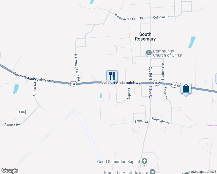 map of restaurants, bars, coffee shops, grocery stores, and more near 34 Buttercup Lane in Roanoke Rapids
