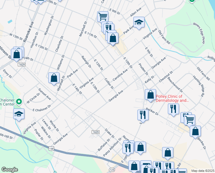 map of restaurants, bars, coffee shops, grocery stores, and more near 1204 Carolina Avenue in Roanoke Rapids