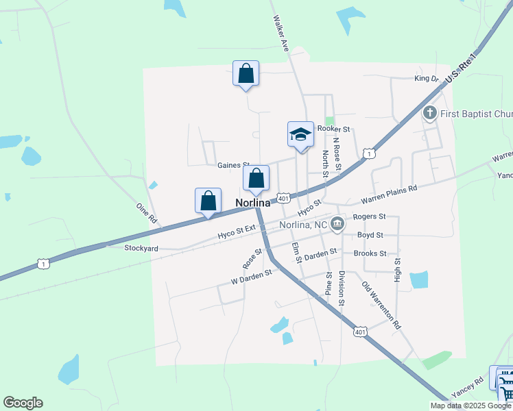 map of restaurants, bars, coffee shops, grocery stores, and more near in Norlina